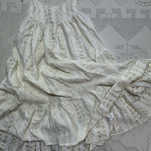 Elan White Gold Metallic Jacquard Tiered Babydoll Boho Mini Dress Size Small - Picture 12 of 14